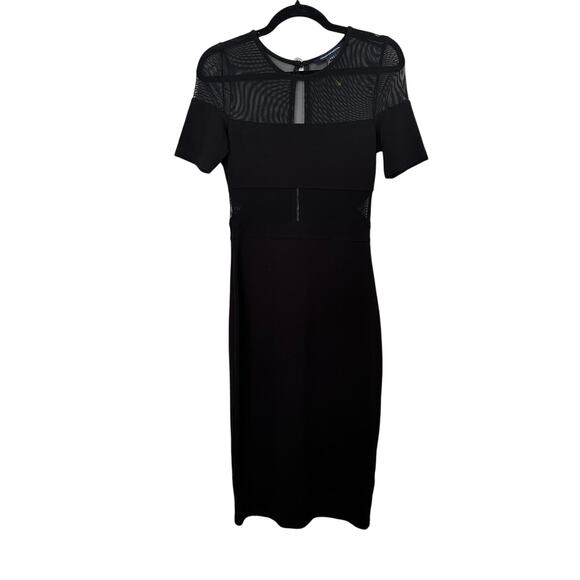 French Connection Black Mesh Inset Short Sleeve Midi Dress Size 6 - Picture 1 of 5